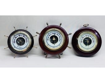 Vintage Ship Wheel Barometers West Germany Ingraham Wood Brass Lot 3