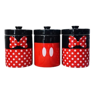 Disney Parks Mickey Minnie Mouse Ceramic Canister Set Red Polka Dot Kitchen