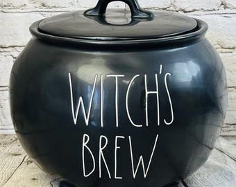 Rae Dunn Witch’s Brew Large Black Cauldron Cookie Candy Jar Halloween Deco 9”x9”