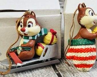 Disney Grolier 1989 Christmas Magic Chip & Dale Ornament Set w/ Boxes