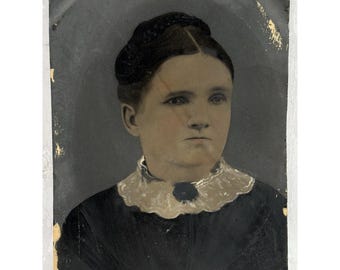 19th Century Full Plate Tintype Hand Tinted Woman Portrait 8.5 x 6.5