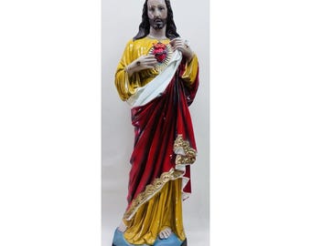 Vintage Sacred Heart Jesus Statue 25 Inch Chalkware Mexico Religious Figure