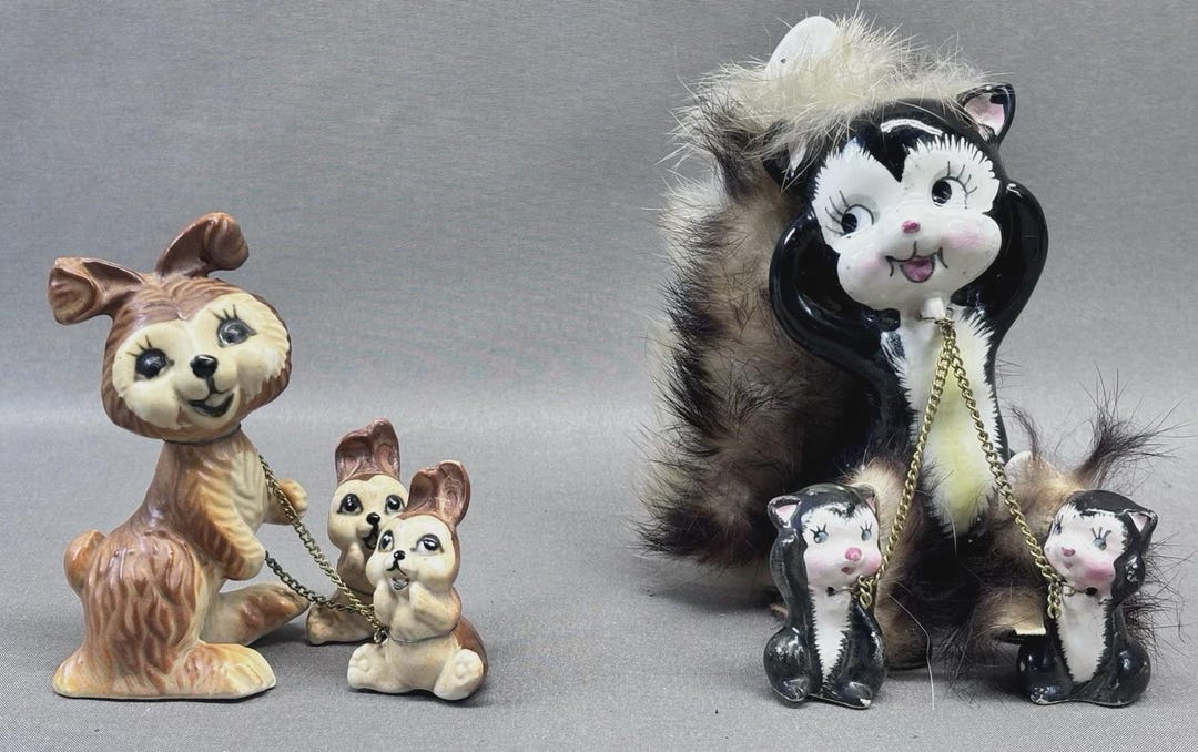 Monkey Skunk Rabbit Vintage Japan Anthropomorphic Skunk & Rabbit Family Figurines Lot 1950s ...