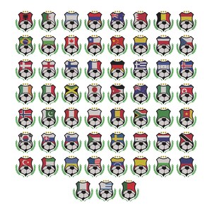 May include: A collection of soccer-themed crests, each featuring a soccer ball and a country's flag. The crests are surrounded by laurel wreaths and topped with three stars. The flags represent various nations, including the USA, Brazil, and Japan.