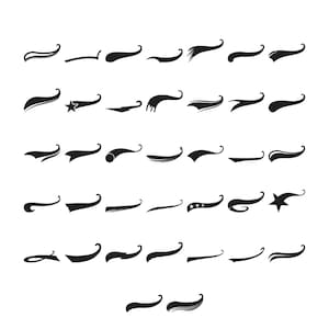 May include: A collection of thirty-eight black graphic swooshes and tails arranged in six rows. These elements feature various curved, pointed, and tapered shapes, including some with integrated stars, lightning bolts, and textured brush-like strokes.