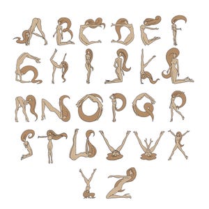 May include: A digital alphabet illustration featuring twenty-six letters formed by stylised figures with long flowing hair. Each character is depicted in a light brown line art style with subtle dot shading, showcasing various poses and body shapes.