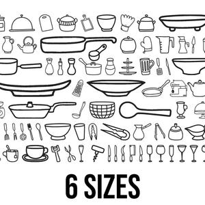 May include: Black and white line art illustration of various kitchen utensils and cookware. Includes pots, pans, bowls, measuring cups, and serving spoons. The text "6 SIZES" is at the bottom.
