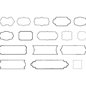 May include: A collection of 16 black and white decorative label designs in various shapes and sizes. The labels include rectangular, oval, and uniquely shaped frames, all with a simple, elegant outline.
