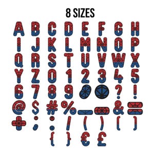 Könnte beinhalten: Ein komplettes Alphabet, Zahlen und Symbole im Comic-Stil. Die Buchstaben und Zahlen sind rot und blau mit einem Spinnennetz-Design. Der Text "8 SIZES" steht oben.