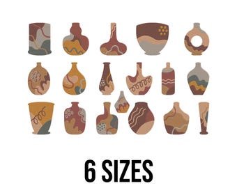 May include: A collection of sixteen abstract vases in various shapes and sizes, featuring earthy tones of brown, orange, and beige. The vases have unique patterns and textures. The text "6 SIZES" is displayed below the vases.
