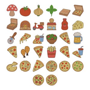 May include: A collection of illustrated pizza-themed icons. Includes a mushroom, tomato, onion, basil, pizza boxes, pizza slices, a pizza oven, a scooter, a pizza shop, a bottle of sauce, cheese, a pizza cutter, fries, salad, a beer mug, and whole pizzas.