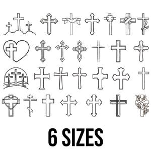 May include: A collection of black and white cross designs in various styles, including crosses with hearts, floral accents, and simple outlines. The text "6 SIZES" is displayed below the crosses.