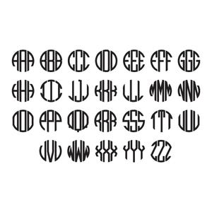 May include: A collection of black circular monograms featuring the letters A through Z in a repeating triple-letter format. Each circular design displays three identical letters arranged symmetrically within a solid black circular border.