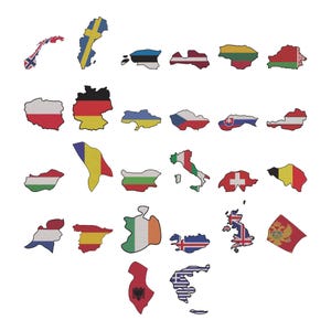 May include: A collection of embroidered fabric patches in the shape of European countries. Each patch features the flag design of the respective nation. The patches are in various colors and sizes, with a white background.