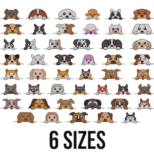 May include: A collection of cartoon dog faces in various breeds and colors, each peeking over a horizontal line. The image includes the text "6 SIZES" in a bold, black font, indicating size options for the dog illustrations.