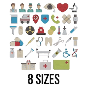 Puede incluir: Conjunto de iconos médicos coloridos, que incluyen médicos, una ambulancia, un corazón, pastillas y un hospital. El texto "8 SIZES" se muestra debajo de los iconos. Los iconos están delineados en negro y rellenos con varios colores.