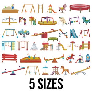 Könnte beinhalten: Eine Sammlung farbenfroher Illustrationen von Spielplatzgeräten, darunter Schaukeln, Rutschen, Wippen und ein Sandkasten. Der Text "5 SIZES" wird in fetter, schwarzer Schrift am unteren Bildrand angezeigt.
