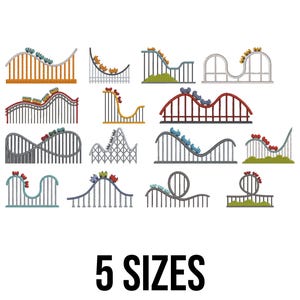May include: A selection of roller coaster illustrations in various colours, including orange, red, and grey. Each coaster design features a train car at the top of the track. The text "5 SIZES" is displayed in a bold, black font.