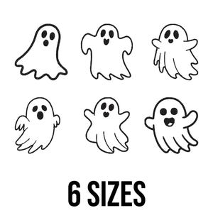 May include: Six cartoon ghost illustrations in black and white, each with a different shape and expression. The text "6 SIZES" is displayed in bold, black font below the ghosts.