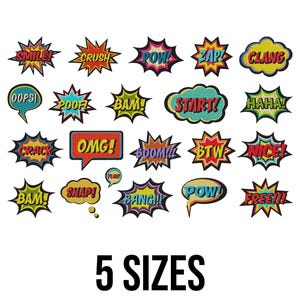 Puede incluir: Una colección de coloridas burbujas de diálogo y explosiones estelares estilo cómic con exclamaciones como "OMG!", "POW!" y "BAM!" sobre un fondo blanco. El texto "5 SIZES" se muestra debajo.
