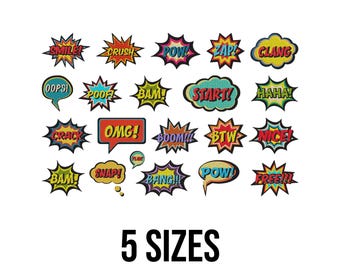 Desenho de bordado de super-heróis - Pow OMG Nice Snap Bam Crack Zap Clang Oops Smile Bang Boom Burst Arquivos de desenho de bordado à máquina - 5 tamanhos