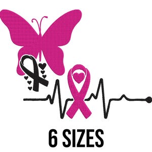 Cancer Awareness Ribbon with Heartbeat Embroidery Design - Butterfly and Cancer Awareness Ribbon Machine Embroidery Design Files - 6 Sizes