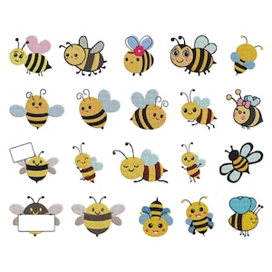 May include: A collection of embroidered bee designs in various poses and styles. The bees feature yellow and black striped bodies, with different wing colors including pink, blue, and yellow. Some bees hold signs or have bows.