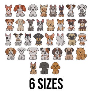 May include: A collection of embroidered dog designs in various breeds, each with unique colors and patterns. The image displays a variety of dog breeds, including a Dalmatian, a Husky, and a Poodle. The text "6 SIZES" is at the bottom.