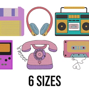 May include: A collection of retro-themed embroidered designs, including a floppy disk, headphones, a boombox, a handheld game console, a rotary phone, and a cassette tape. The text "6 SIZES" is displayed below the designs. The color palette includes pink, yellow, blue, and black.
