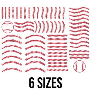 May include: A collection of red baseball stitch designs in various shapes and sizes, including straight lines, curved lines, and baseball outlines. The text "6 SIZES" is displayed in bold, black font.