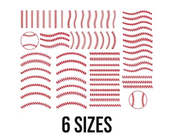 Könnte beinhalten: Eine Sammlung roter Baseball-Nahtdesigns in verschiedenen Formen und Größen, darunter gerade Linien, gebogene Linien und Baseball-Umrisse. Der Text "6 SIZES" ist in fetter, schwarzer Schrift dargestellt.