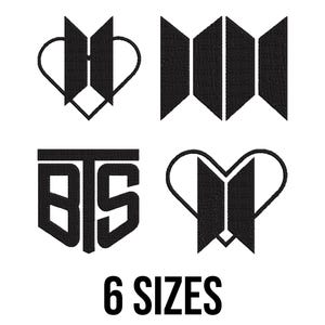 May include: Black graphic designs on a white background. The designs include the letters "BTS" in a stylized font, and other abstract shapes. The text "6 SIZES" is displayed in a bold, black font below the designs.