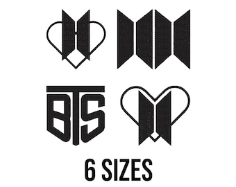 May include: Black graphic designs on a white background. The designs include the letters "BTS" in a stylized font, and other abstract shapes. The text "6 SIZES" is displayed in a bold, black font below the designs.
