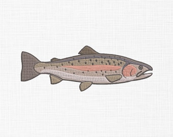 May include: An embroidered image of a trout fish, featuring a detailed design. The fish has a brown body with a pink stripe, dark spots, and a gray dorsal fin. The fish is set against a white background.