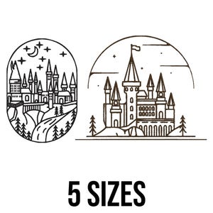 Op de afbeelding: Zwart-wit lijntekeningen van twee kastelen. Eén is ovaal met een maan en sterren, de andere is halfrond. De tekst "5 SIZES" wordt in vette, zwarte letters onder de illustraties weergegeven.