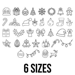 Op de afbeelding: Een verzameling zwart-wit illustraties met kerstthema. De afbeelding bevat een sneeuwbol, cadeaus, ornamenten, een kerstboom, sneeuwvlokken, een krans, bellen, een peperkoekmannetje, zuurstokken, hulst, kerstmutsen, sokken, een sneeuwpop en meer. De tekst "6 SIZES" staat onderaan.