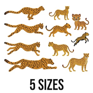 May include: A collection of cheetah illustrations in various poses, featuring a tan coat with black spots. The image includes cheetahs in running, standing, and playful positions. The text "5 SIZES" is displayed at the bottom.