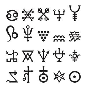 Puede incluir: Una colección de diecinueve símbolos negros distintos dispuestos en una cuadrícula de cuatro por cinco. Los iconos incluyen varias formas geométricas, signos astrológicos, emblemas en forma de cruz y patrones lineales abstractos.