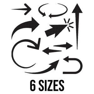 May include: A collection of black arrows in various shapes and directions, including straight, curved, and circular designs. The text "6 SIZES" is displayed in bold, black font at the bottom of the image, indicating different size options.