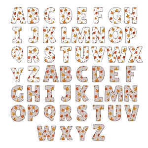May include: A digital alphabet set featuring two complete sets of uppercase letters from A to Z. The first set has a white background with orange and brown autumn leaf patterns, while the second set features a light gray background with similar leaves.