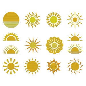 May include: A collection of twelve yellow sun designs in various styles. The designs include full suns, suns with rays, and suns with a half-circle or semi-circle shape. The suns are in a flat, graphic style, suitable for embroidery or digital art.