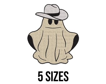 Disegno da ricamo spettrale di Halloween con fantasma da cowboy western - Disegno da ricamo per la stagione spettrale - File di disegno da ricamo a macchina spaventoso - 5 dimensioni