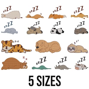 May include: A collection of embroidered sleeping animal designs, such as a camel, panda, and sloth, each with "ZZZ" above. The image includes the text "5 SIZES", suggesting different size options for the designs.
