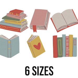 以下が含まれることがあります： さまざまなスタイルと色の本のイラスト。本の山、しおり付きの本、開いた本、表紙にハートが付いた本があります。「6 SIZES」というテキストが下にあります。
