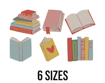 May include: An illustration of several books in various styles and colors. There are stacks of books, a book with a bookmark, an open book, and a book with a heart on the cover. The text "6 SIZES" is at the bottom.