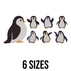 May include: A collection of embroidered penguin designs in various sizes. The penguins are black and white with yellow beaks and feet. The text "6 SIZES" is displayed in bold, black font at the bottom of the image.