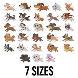 Puede incluir: Una colección de 28 ilustraciones de perros de dibujos animados de varias razas, cada uno en una pose de carrera. Los perros son de diferentes colores y patrones, con el texto "7 SIZES" debajo.