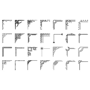 May include: A collection of black corner designs in various styles. The designs include geometric shapes, lines, and decorative elements. The corners are arranged in rows and columns on a white background, suitable for graphic design projects.