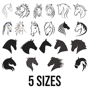 May include: A collection of horse head designs in various styles, including line art and silhouettes. The image features multiple illustrations of horse heads, with the text "5 SIZES" at the bottom, indicating size options.