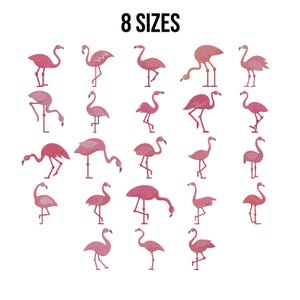 May include: Pink flamingo embroidery designs in various poses and shades of pink. The text "8 SIZES" is displayed in bold black letters at the top of the image. These designs are suitable for embroidery projects.